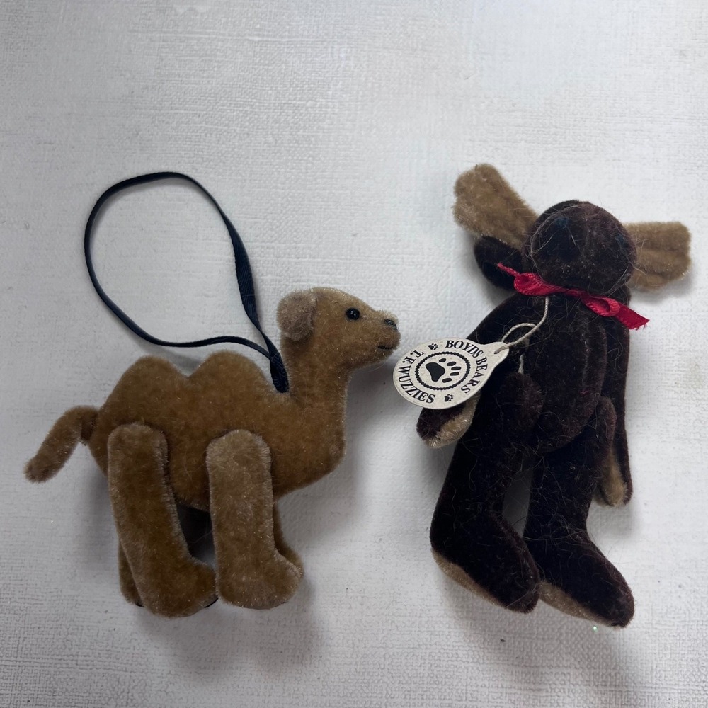Boyds Bears TF Wuzzies Miniature Plush Moose and Camel Ornament Set Brown Tan